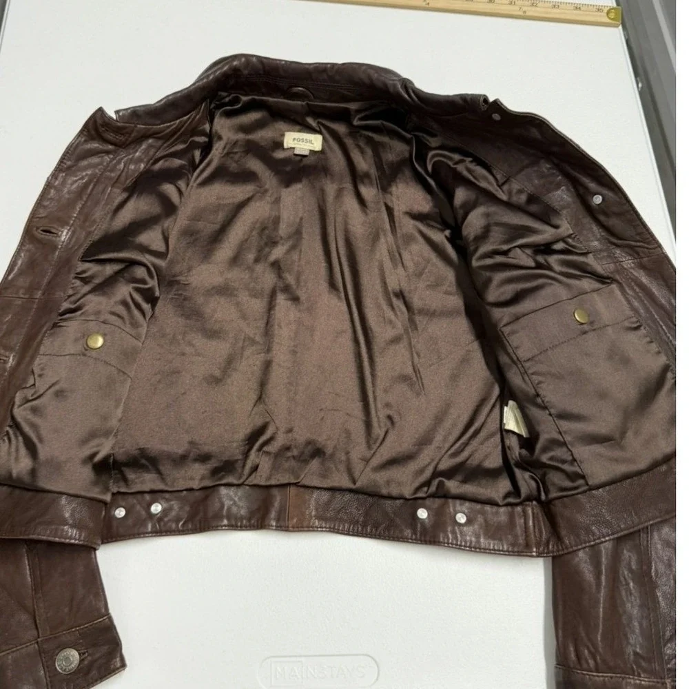 Fossil Brown Leather Cropped lamb leather Jacket Womens Trucker Button Front - Picture 4 of 9